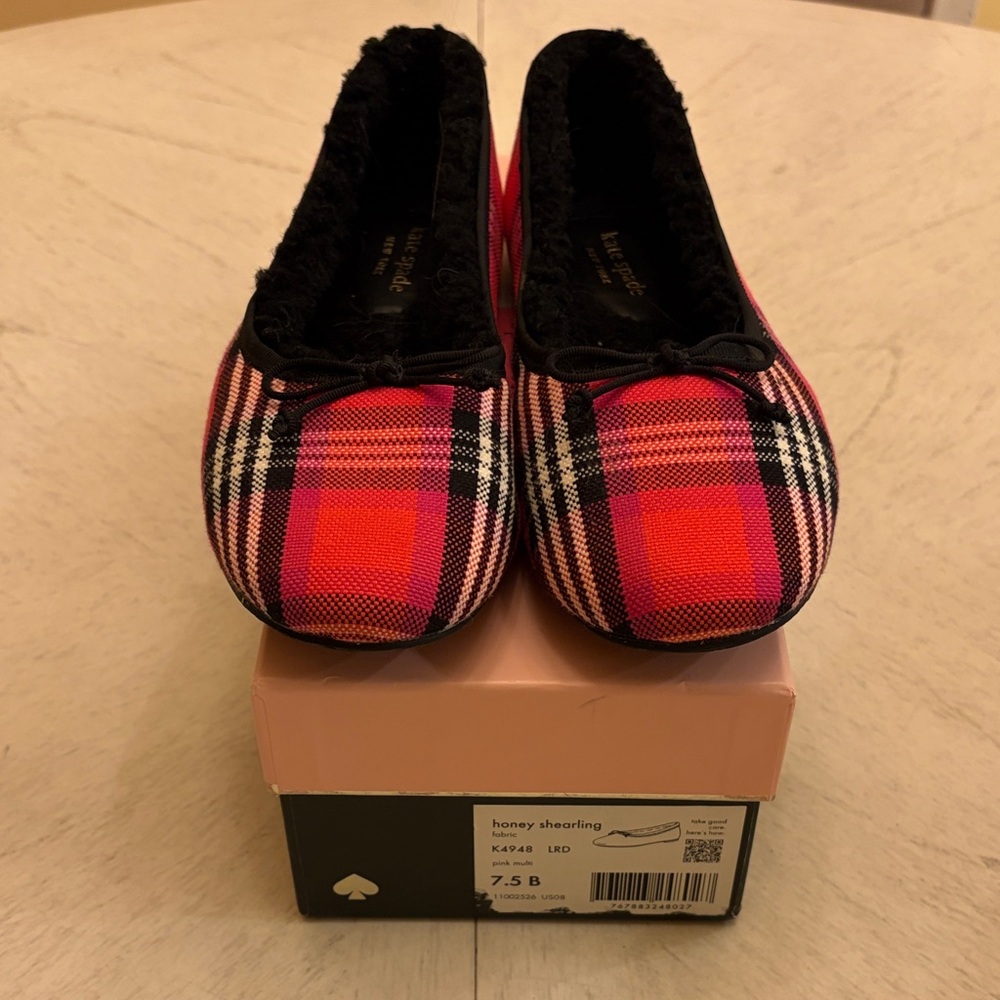 NWT Kate Spade Foliage Plaid Honey Shearling Ballet Flats